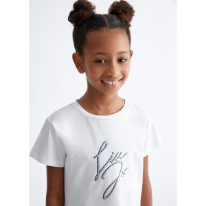 LIU JO  T-shirt bambina cotone bianca stampa logo glitter argento