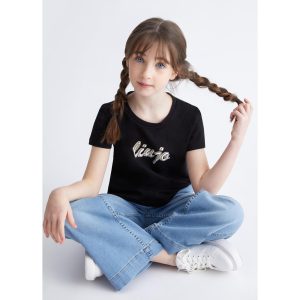 LIU JO  T-shirt bambina cotone nero con logo e strass